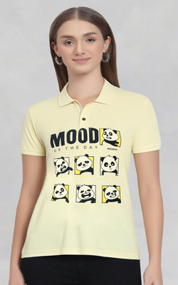 HouseOfCommon Printed Women Polo Neck Yellow T-Shirt