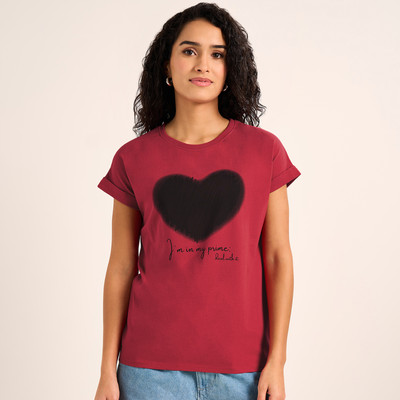 PEOPLE Printed Women Round Neck Red T-Shirt