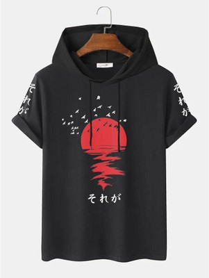CT Fashion Printed Men Hooded Neck Black T-Shirt