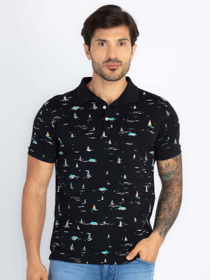 Status Quo Printed Men Polo Neck Navy Blue T-Shirt