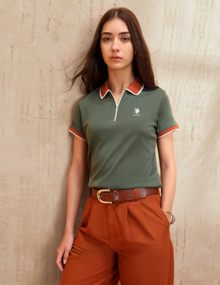 U.S. POLO ASSN. Solid Women Polo Neck Green T-Shirt