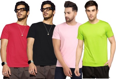 FIVEFEB Solid Men Round Neck Red, Black, Pink, Light Green T-Shirt