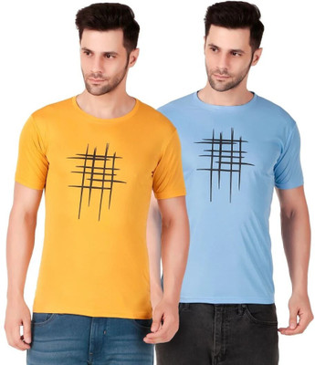 PUREHYPE Printed Men Round Neck Yellow, Light Blue T-Shirt