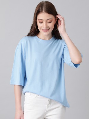 KOTTY Solid Women Round Neck Light Blue T-Shirt