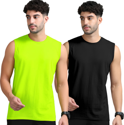 Adorbs Solid Men Round Neck Green, Black T-Shirt