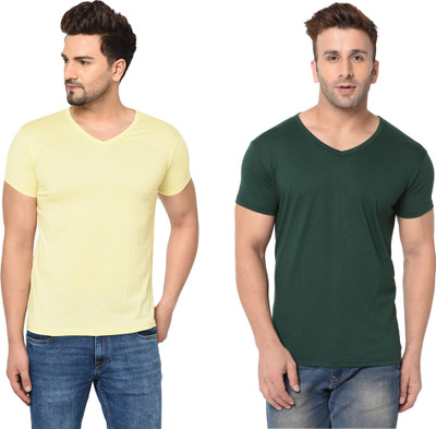 Adorbs Trend Solid Men V Neck White, Green T-Shirt