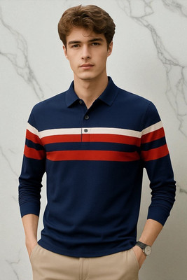 Autna Striped Men Polo Neck Navy Blue T-Shirt