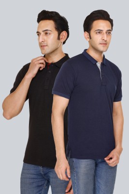 indian krait Solid Men Polo Neck Black, Navy Blue T-Shirt