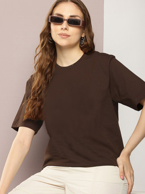 KOTTY Solid Women Scoop Neck Brown T-Shirt