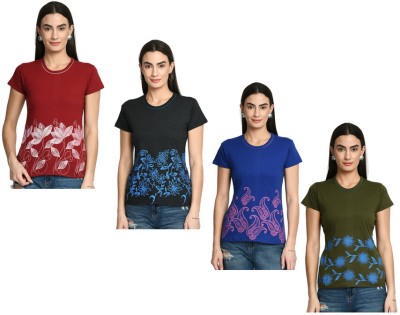 KAVYA Printed Women Round Neck Maroon, Blue, Green T-Shirt