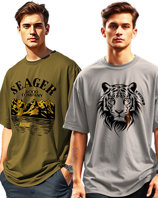 AUSK Printed Men Round Neck Grey, Green T-Shirt