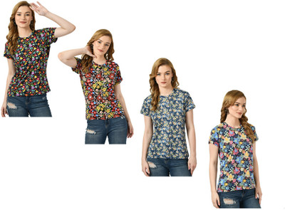 IndiWeaves Printed Women Round Neck Multicolor T-Shirt