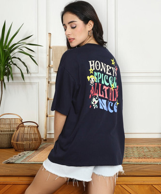 METRONAUT Printed Women Round Neck Navy Blue T-Shirt