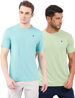 TECHNOSPORT Solid Men Round Neck Light Blue, Light Green T-Shirt