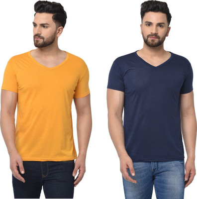 Tresna Trendy Solid Men V Neck Dark Blue, Yellow T-Shirt