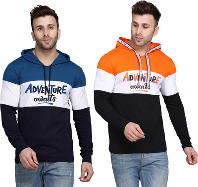 SLOWLORIS Printed Men Hooded Neck Dark Blue, Orange T-Shirt