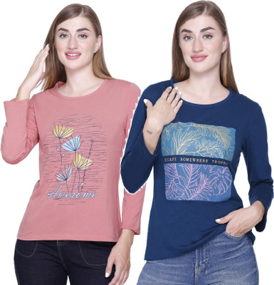 Star Touch Graphic Print Women Round Neck Pink, Blue T-Shirt