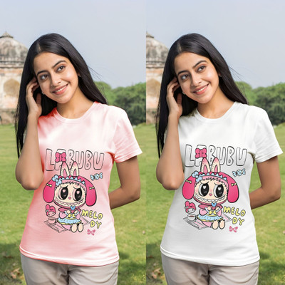 Kintu Parantu Cartoon Women Round Neck Pink T-Shirt