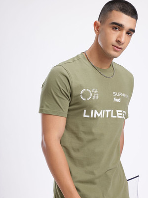 Glitchez Printed Men Round Neck Green T-Shirt