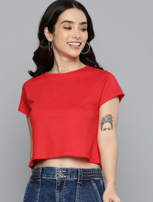 SPOWEARY Solid Women Round Neck Red T-Shirt