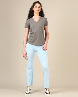 Boldcurve Fashion Solid Women V Neck Beige T-Shirt