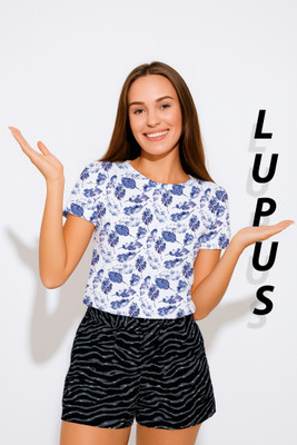 LUPUS Printed Women Round Neck White, Blue T-Shirt