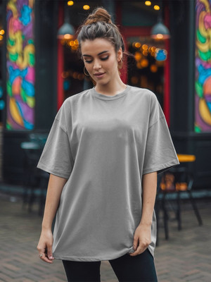 JUST ROAR Solid Women Round Neck Grey T-Shirt