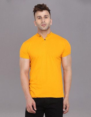 Lawful Casual Solid Men Mandarin Collar Yellow T-Shirt