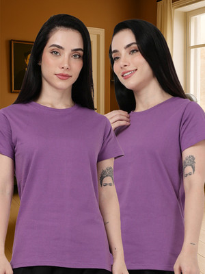 Kryptic Solid Women Round Neck Purple T-Shirt