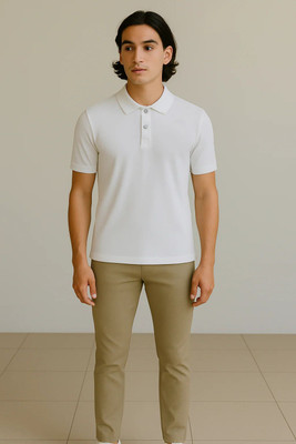 GROHOOD Solid Men Polo Neck White T-Shirt