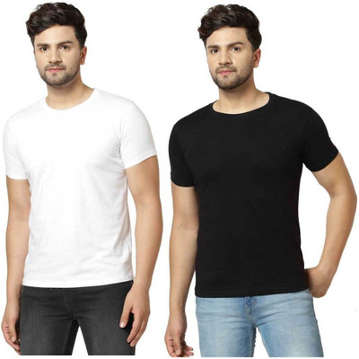 INDIZO Solid Men Round Neck White, Black T-Shirt
