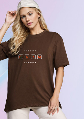 SLENOR Graphic Print Women Round Neck Brown T-Shirt