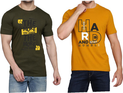 WOOSTRO Printed Men Round Neck Dark Green, Brown T-Shirt