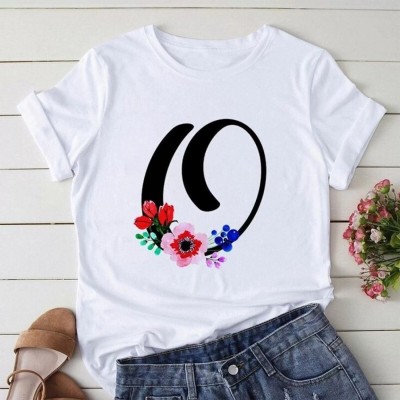 Smrink Printed Women Round Neck White T-Shirt