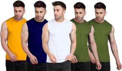 Think Tech Solid Men Round Neck Yellow, Dark Blue, White, Dark Green T-Shirt