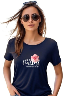 Witty Curlss Printed Women Round Neck Navy Blue T-Shirt