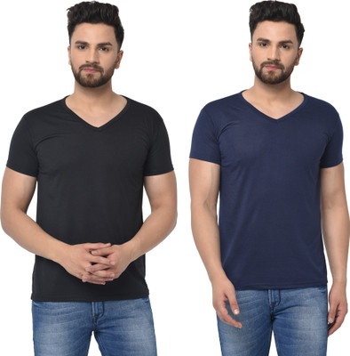JB Jangoboy Solid Men V Neck Dark Blue, Black T-Shirt