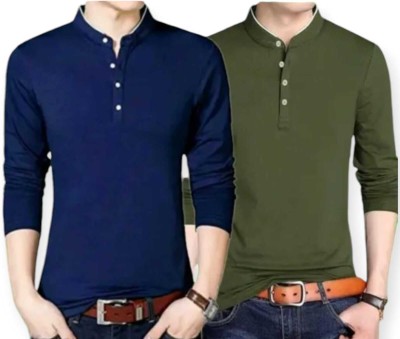 Pawarimpe Solid Men Round Neck Dark Blue, Green T-Shirt