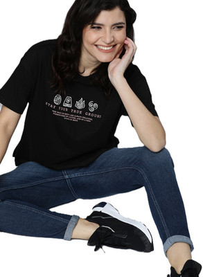 HOX10 Printed Women Round Neck Black T-Shirt