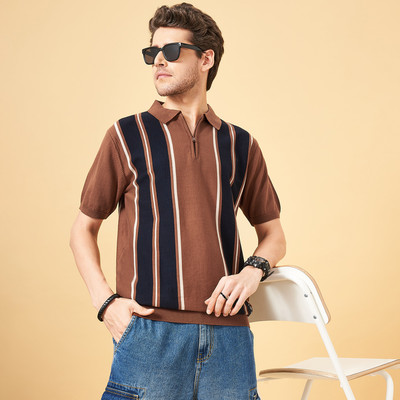 PEOPLE Striped Men Polo Neck Brown T-Shirt