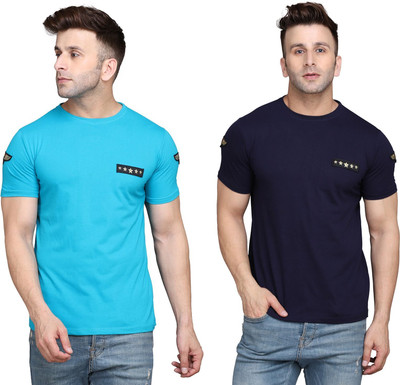 Lawful Casual Solid Men Round Neck Dark Blue, Light Blue T-Shirt