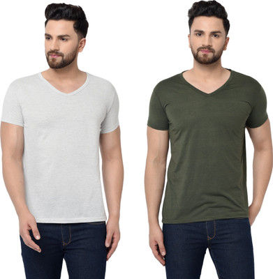 Adorbs Trend Solid Men V Neck Green, Grey T-Shirt