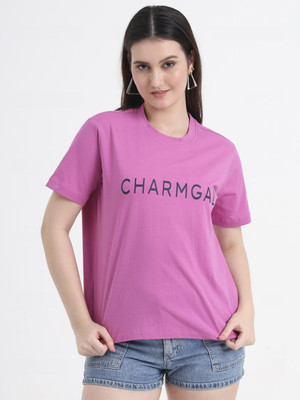 CHARMGAL Printed, Typography Women Round Neck Pink T-Shirt