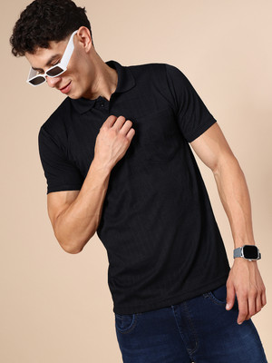 V-MART Self Design Men Polo Neck Black T-Shirt