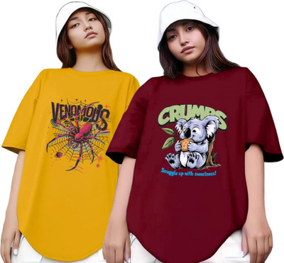 R S Fashion Printed Women Round Neck Yellow, Maroon T-Shirt