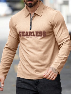 Jump Cuts Printed Men Polo Neck Beige T-Shirt