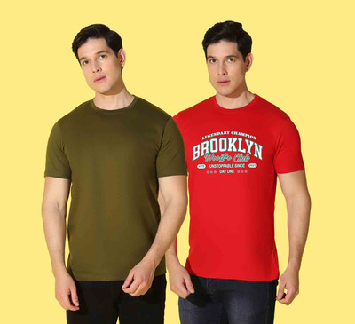 WOOSTRO Printed, Solid Men Round Neck Red, Green T-Shirt