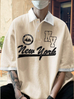 Hackmen Typography Men Polo Neck Beige T-Shirt