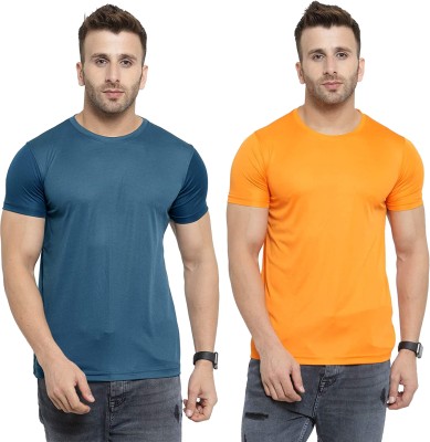 Think Tech Solid Men Round Neck Dark Blue, Yellow T-Shirt