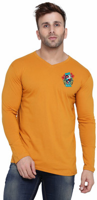 GEUM Self Design Men V Neck Gold T-Shirt